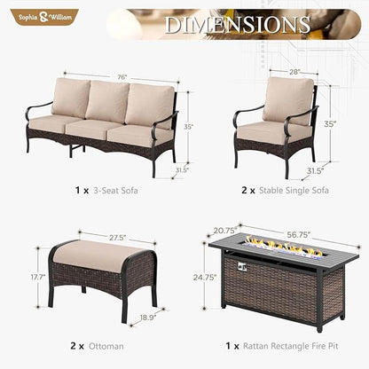 Sophia & William Patio Furniture Set with Fire Pit Table, 6 PCS Metal Outdoor Conversation Set with Fire Pit Table, 2 Sofa Chairs,2 Ottoman, 3-Seater Couch for Outdoor Seating, Backyard, Porch(Beige)