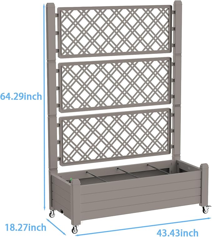 Vixzen 64" Tall Raised Garden Bed,Outdoor Large Resin Planter Box with Trellis and Drain Plug for Climbing Plants,Easy to Assemble,Water Monitor,Mobility(Light Brown, 43.43"×18.27"×64.29")
