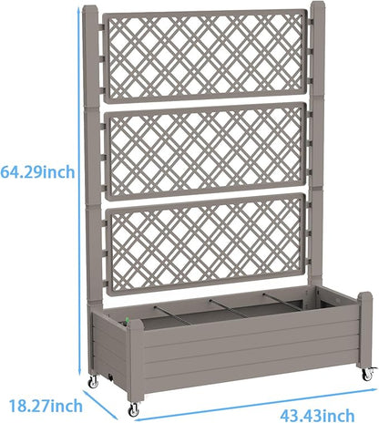Vixzen 64" Tall Raised Garden Bed,Outdoor Large Resin Planter Box with Trellis and Drain Plug for Climbing Plants,Easy to Assemble,Water Monitor,Mobility(Light Brown, 43.43"×18.27"×64.29")