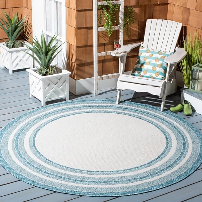 SAFAVIEH Washable Rug Outdoor Courtyard Collection - 9' Round, Ivory & Aqua Blue, Non-Shedding & Easy Cleaning, Ideal for Patio, Backyard, Mudroom (CY8475-53612)