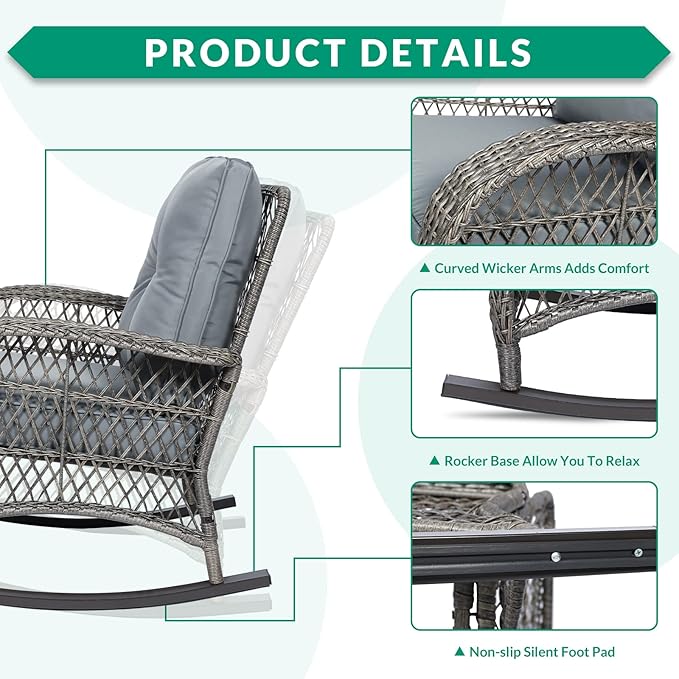 VIVIJASON 2 Piece Patio Wicker Rattan Rocker Chair, Outdoor Rattan Rocker Chair with Cushions & Steel Frame, All-Weather Rocking Lawn Wicker Furniture for Garden Backyard Porch (Grey)