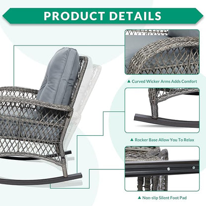 VIVIJASON 2 Piece Patio Wicker Rattan Rocker Chair, Outdoor Rattan Rocker Chair with Cushions & Steel Frame, All-Weather Rocking Lawn Wicker Furniture for Garden Backyard Porch (Grey)