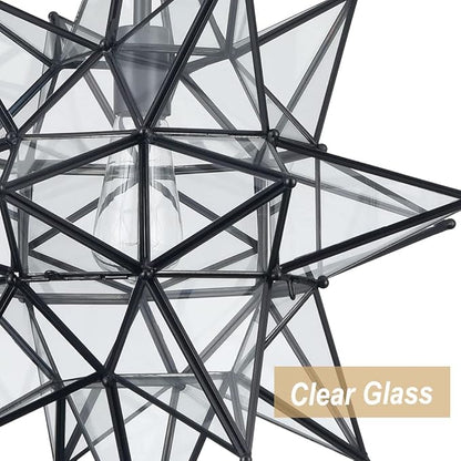 DIRYZON Boho Moravian Star Pendant Light 20 Inch Large Black Hanging Ceiling Light，Modern Clear Glass Pendant Lighting for Kitchen Island Porch Bedroom