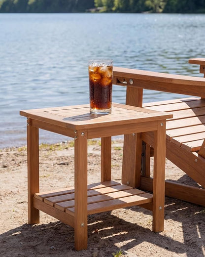 Kibaso-Adirondack Outdoor Side Table, 2-Tier HDPE Outdoor End Table, Weather Resistant Easy Maintenance, Small Patio Side Table for Patio, Pool, Porch, Garden, Lawn, and Living Room (1, Rustic Teak)