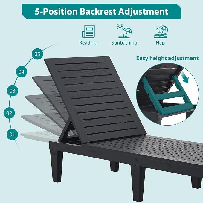 Outdoor Chaise Lounge Chairs Set of 6 for Poolside Patio Outside | Resin Weather-Resistant Sun Lounger with 5-Position Backrest, Tanning Chair for Pool Sunbathing Outside Deck Beach, Black