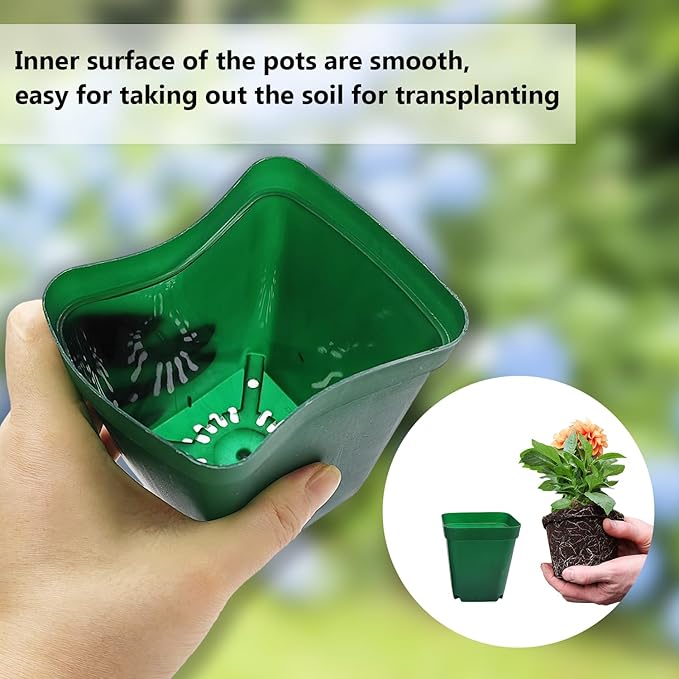 Square Nursery Pots Clearance (2.7", 3", 3.5", 4") with Drainage Holes 20 Pcs, Plastic Seed Starting Pots, Sturdy and Durable Seedling Pots for Planting, Cuttings and Transplanting, Green