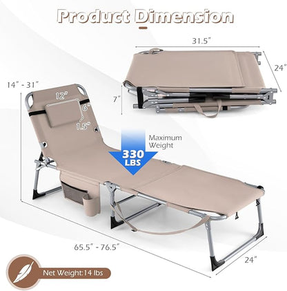 GYMAX Tanning Chair, 3 in 1 Sun Bathing Lounge Chairs with Face/Arm Holes & Side Pocket, Portable Lightweight Face Down Layout Tanning Chair for Outside, Beach, Backyard, Poolside (2, Sand)