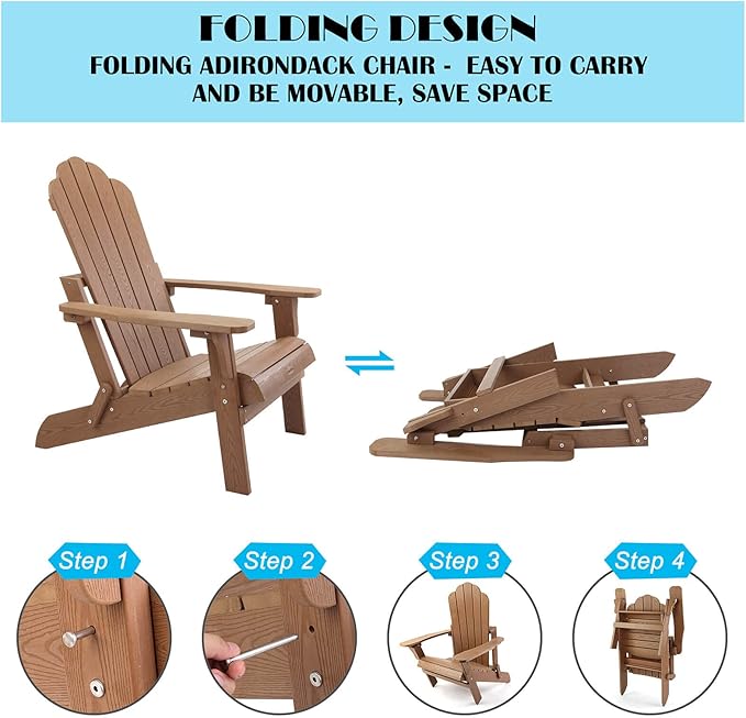 hOmeHua Folding Adirondack Chairs Set of 4, HIPS Foldable Adirondack Chairs Weather Resistant, Plastic Outdoor Chair for Patio, Backyard Deck, Fire Pit Lawn Porch (Wood Color)