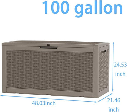 100 Gallon Deck Box, Waterproof Resin Rattan Outdoor Storage Box Lockable for Patio, Fade Resistant Outdoor Side Table & Organizer for Garden Tools, Pool Floats, Outdoor Cushions, Light Coffee