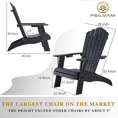 Psilvam Adirondack Chair, Oversized Poly Lumber Fire Pit Chair with Cup Holder, 350Lbs Support Patio Chairs for Garden, Weather Resistant Outdoors Seating, Relaxing Gift for Father & Mother (4, Black)
