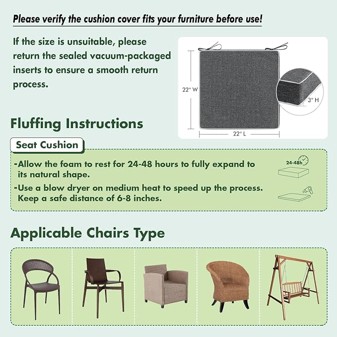 MIULEE Dark Grey Outdoor Chair Cushions Set of 2, 22x22x3 Inch Waterproof Patio Seat Cushions for Outdoor Furniture Couch Sofa, 3 Year Color Fastness High Density Foam with Adjustable Ties