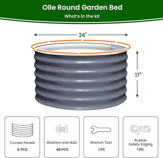Olle 2 Pack 17" Tall Durable Round Raised Garden Bed Raised Beds for Gardening, Vegetable Planter Boxes Outdoor Raised Garden Boxes for Herbs, Veggies, Flowers, Mid-Grey 24" X 17"