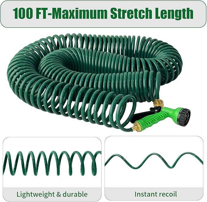 100FT Kink-Free EVA Coil Garden Hose, 3/4'' Brass Connector Expandable Self Coiling Water Hose with 7 Patterns Spray Nozzle for Lawn, Greenhouse, Patio, Boat, Car Wash