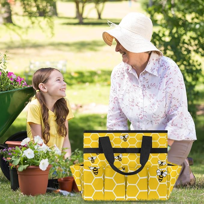 Garden Tote Bag with Pockets Honey Bees Gardening Bags for Tools Organizer Heavy Duty Storage Bag with Handle for Lawn Yard Casual