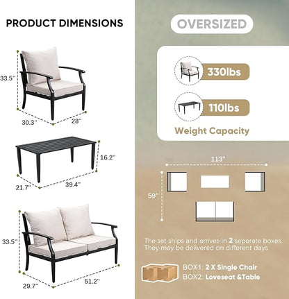 4 Pieces Patio Furniture Set w/loveseat,Coffe Table,Outdoor Conversation Metal Sofa with High Back and Thick Cushion,for Backyard,Garden,Beige