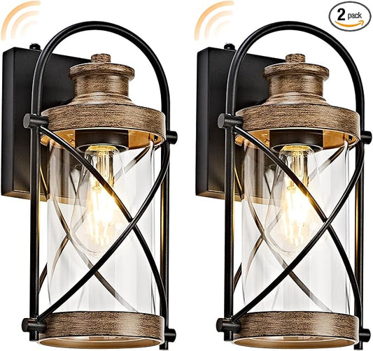 Dusk to Dawn Outdoor Wall Lights Fixtures, Waterproof Exterior Lighting Fixtures with Photocell Sensor,Vintage Faux Wood Grain Metal Cage Lantern Outside Lights for Porch Patio House Garage（2 Pack）