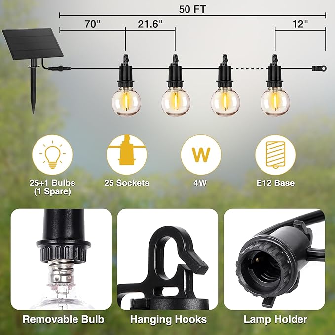 ZJOJO Solar Outdoor String Lights Waterproof, 50FT G40 Globe Patio Lights String Lights Solar Powered with 25 Edison Bulbs 2700K Shatterproof Hanging Lights for Porch Backyard Pergola Bistro