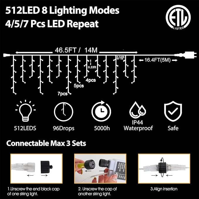 Halloween Icicle Lights Outdoor, 512 LED 46.5 FT 8 Lighting Modes with Timer & Memory, Curtain Fairy String Lights With 96 Drops for Halloween Decorations Holiday Party Eaves Yard (Purple & Orange)