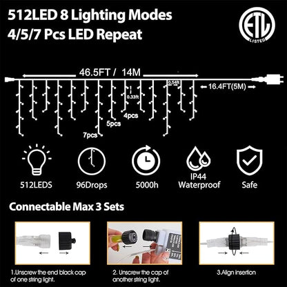 Halloween Icicle Lights Outdoor, 512 LED 46.5 FT 8 Lighting Modes with Timer & Memory, Curtain Fairy String Lights With 96 Drops for Halloween Decorations Holiday Party Eaves Yard (Purple & Orange)