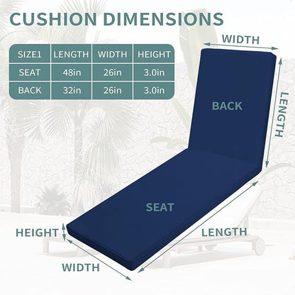 Outdoor Chaise Lounge Cushions for Patio, Lounge Chair Cushions, Waterproof Replacement Seat Pads for Outdoor Furniture (4, Blue, 71"x22"x3")