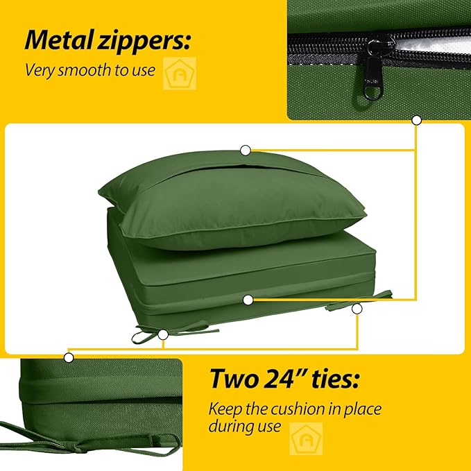 AAAAAcessories Outdoor Seat Cushions for Chairs, Fade-Resistant, Waterproof Patio Furniture Replacement Cushions, 24" x 24" x 5" + 24" x 19", Dark Moss Green