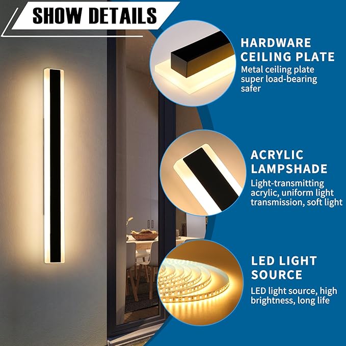 2 Pack 47.2inch Modern Outdoor Wall Light Fixture, IP65 Waterproof Outside LED Wall Sconce, 3 Color 3000K/4500K/6000K, 42W, Black Exterior Garage Lighting for House, Patio, Garden, Porch