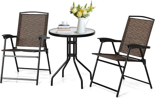 Tangkula 3 Pieces Patio Bistro Set, Outdoor Folding Chairs & Table Set with Tempered Glass Tabletop, Round Table & 2 Foldable Chairs, Small Outdoor Furniture Set for Garden, Poolside & Backyard
