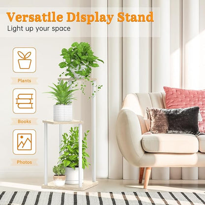3 Tier Plant Stand Indoor Outdoor, Metal Wood Tiered Corner Plant Stands Pot Holder, Wood Flower Shelf Orchid Display Rack for Living Room Bedroom Balcony Garden Patio, Modern White