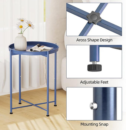 Garden 4 you Small Side Table, Blue Mini Round End Table, Tray Table with Metal Frame, Modern Nightstand for Living Room, Bedroom, Patio, Small Space, 2pcs
