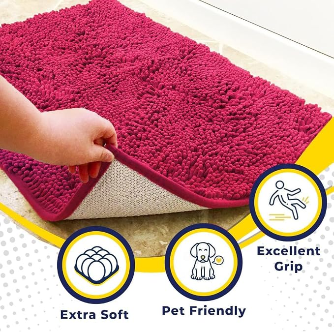 Muddy Mat® | Super Water Absorbent Door Mat Indoor, Microfiber Quick Dry Chenille Entryway Rug, Slip Resistant Front Door Mat, Indoor Mats for Entryway, Machine Washable Pet Rug, Hot Pink 24" x 60"