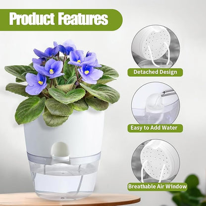 Oliz 6 Inch Self Watering Plastic Plant Pots for Indoor Plants - 3 Pack White Orchid Planters with Wick Ropes & Drainage Holes, Modern Decorative Garden Pots with Water Reservoir