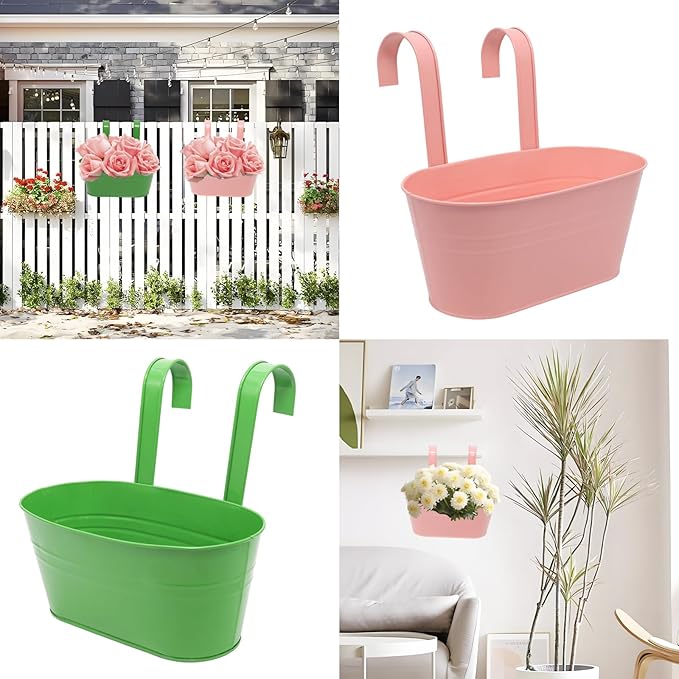 Hanging Planters Set of 2 - Big Modern Green+Pink Outdoor Pots with Sturdy Hooks, Space-Saving Design for Patio, Garden, Balcony - Durable Weather-Resistant Plant Containers