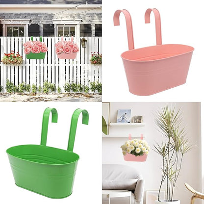 Hanging Planters Set of 2 - Big Modern Green+Pink Outdoor Pots with Sturdy Hooks, Space-Saving Design for Patio, Garden, Balcony - Durable Weather-Resistant Plant Containers