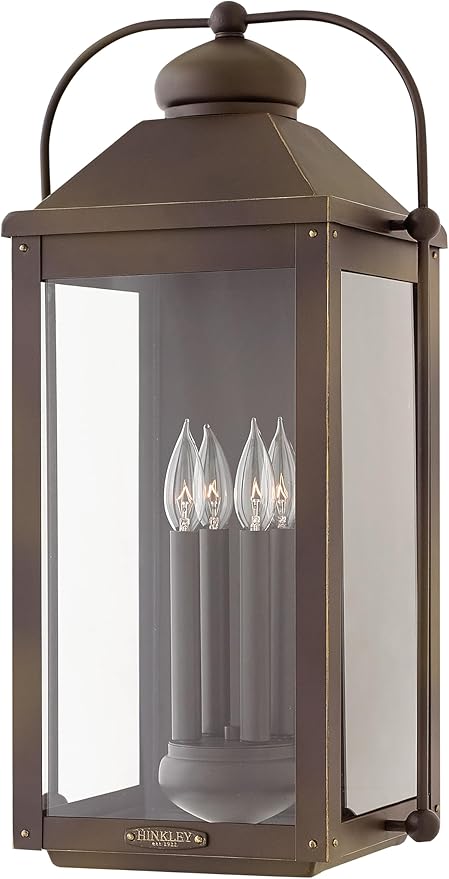 Hinkley Anchorage Large Wall Mount Outdoor Lantern - Aluminum, Clear Glass, Arched Carriage Handle, LED Included - Light Oiled Bronze Finish