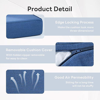 6" Thicker Outdoor Chair Cushion 3 Sets - 24" *24" *6" Waterproof Patio Furniture Cushions with Removable Cover, 28D High Density Sponge Filling Thicken Outdoor Patio Cushions - Blue