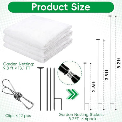 Metal Garden Netting Covers Kit for Raised Beds, 6 Pack 5.2FT Garden Poles Support Stakes with 10×13FT Insect Pest Barrier Plant Netting Mesh & 12 Clips for Vegetable Fruit Flower Garden Protection