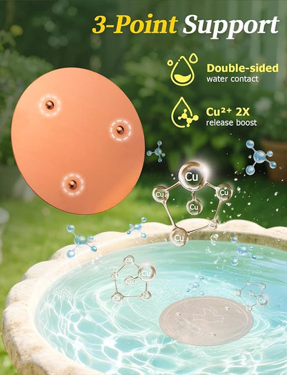 Mellbree 2-Pack Bird Bath Copper Disc, 0.6mm Reinforced 99.99% Pure Copper Cleaning Disk with Triple-Point Support for Physical Safe Clean Water All-Season, Universal Fit for Outdoor Birdbaths, Bowl