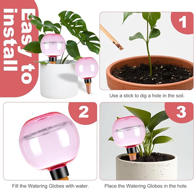 6 Pack Self Watering Globes 17oz Large Plant Watering Globes Top Fill, Self Water Planter Insert Indoor/Outdoor Plastic Water Bulbs Slow Release Terracotta for Plants, Pink