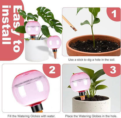 6 Pack Self Watering Globes 17oz Large Plant Watering Globes Top Fill, Self Water Planter Insert Indoor/Outdoor Plastic Water Bulbs Slow Release Terracotta for Plants, Pink