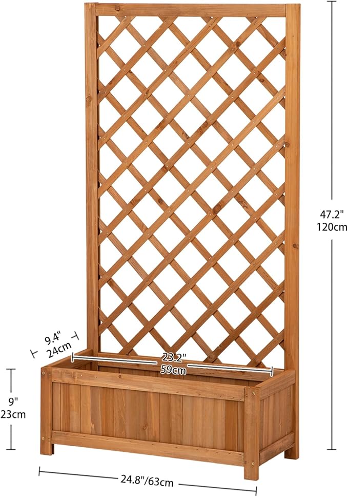 Wooden Raised Garden Bed with Trellis, 47" Outdoor Planter Box for Climbing Plants, Vertical Warm Brown Garden Planter for Vegetables, Flowers & Vines, Lattice Plant Support for Patio Yard Balcony
