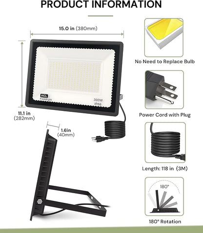 L LOHAS LED 300W Dusk to Dawn Floodlight, IP66 Waterproof Plug in Floodlights, IP66 Waterproof Plug in Floodlights, 6000K Daylight Work Light, Security Lights for Yard, Garage, UL Listed, 2Pack
