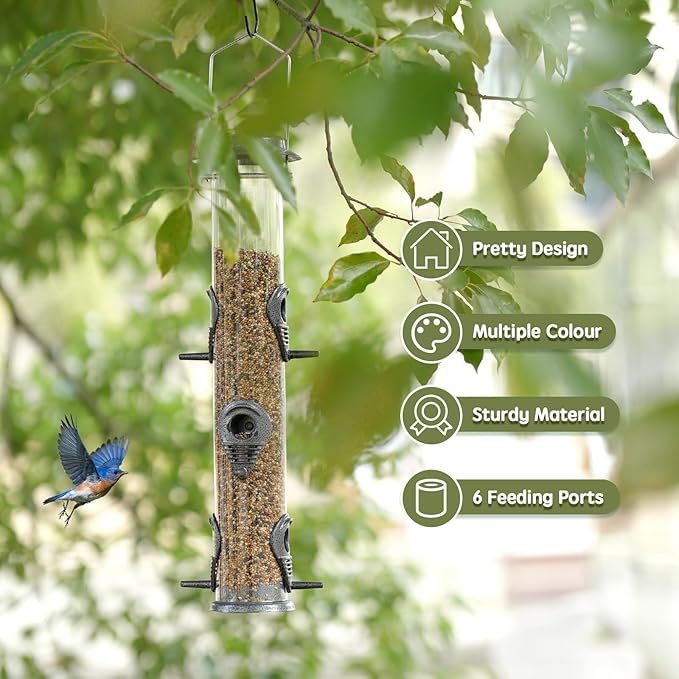 MIXXIDEA 1PK Metal Wild Bird Feeder,Squirrel Proof Bird Feeders for Outside,Hanging 6 Port Tube Bird Feeder Transparent Finch Bird Feeder for Attracting Birds in Your Lawn, Garden, Balcony-Gray