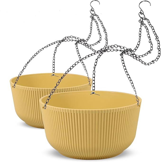 Dexceder 9.8 Inch Self Watering Hanging Planters Indoor Outdoor, Thickened Hanging Basket Flower Plant Pot (2 Pack, Yellow)