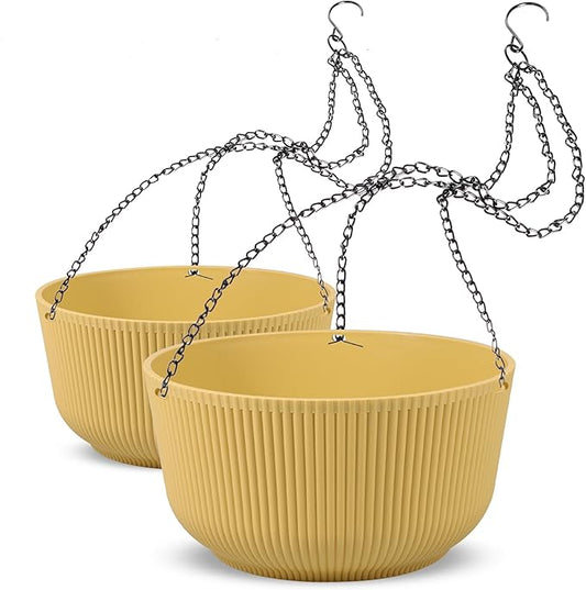 Dexceder 9.8 Inch Self Watering Hanging Planters Indoor Outdoor, Thickened Hanging Basket Flower Plant Pot (2 Pack, Yellow)