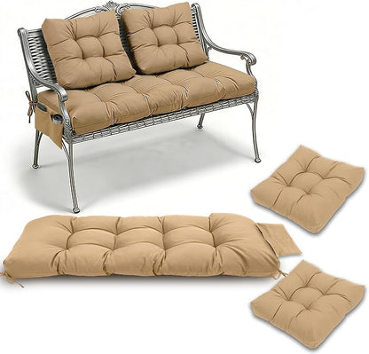 3 Pcs Wicker Chair Cushions Patio Loveseat Chaise Cushion Set - 1200D 47x19*4 Inch Waterproof Wicker Bench Cushions with 2 19x19x4 Inch Chair Cushions for Garden Porch Wicker Patio Furniture(Khaki)