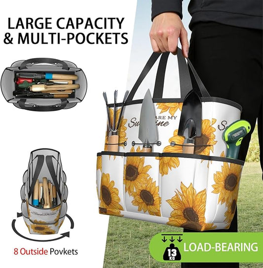 Sunflower Garden Tool Bag - Waterproof Garden Tote with 8 Pockets, Large Storage Home Organizer Gardening Tool Oxford Bag for Garden Tools Kits Holder, Ideal Outdoor Gardening Gift for Women & Men