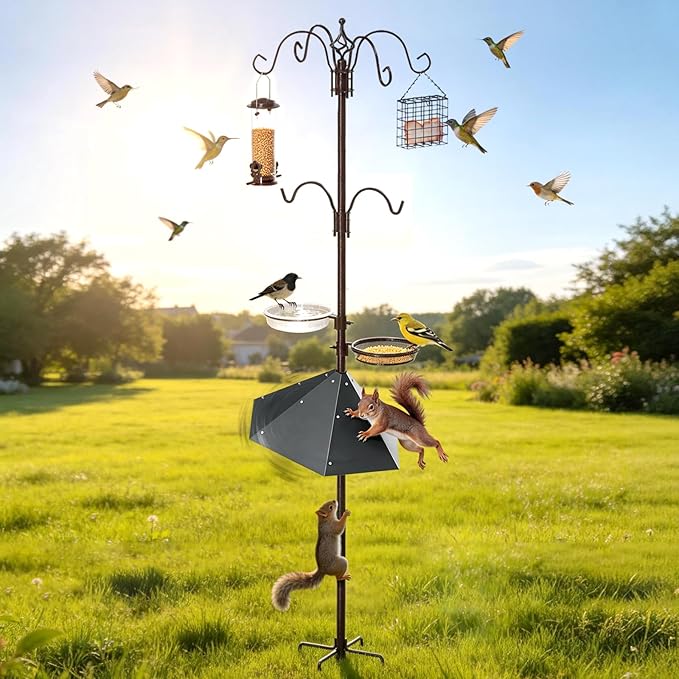 83" Bird Feeding Station Kit with Metal Squirrel Baffle, Heavy Duty Metal Bird Feeding Station with Seed Tray＆Mesh Basket, Easy Assembly Ground Mounted Bird Feeder Pole for Garden Yard Outdoor