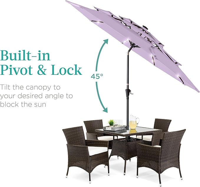 Best Choice Products 10ft 3-Tier Solar Patio Umbrella, Outdoor Market Sun Shade for Backyard, Deck, Poolside w/ 24 LED Lights, Tilt Adjustment, Easy Crank, 8 Ribs - Lavender