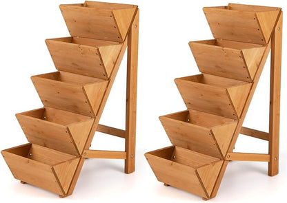 Giantex 5-Tier Wooden Vertical Raised Garden Bed Set of 2, Freestanding Plant Stand with Legs for Herbs Vegetables Fruits, Indoor Outdoor Tiered Wood Planter Box Flower Rack for Patio, Balcony & Yard
