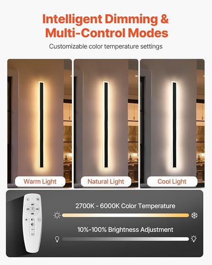 VEVOR Outdoor Wall Lights, 2 Pack, 39.4 Inch Long Strip Modern Exterior Wall Sconce Light Fixtures, 2700K-6000K, IP65 Waterproof Anti-Rust, Dimmable Outside Wall Mount Lighting, for House Porch Garage